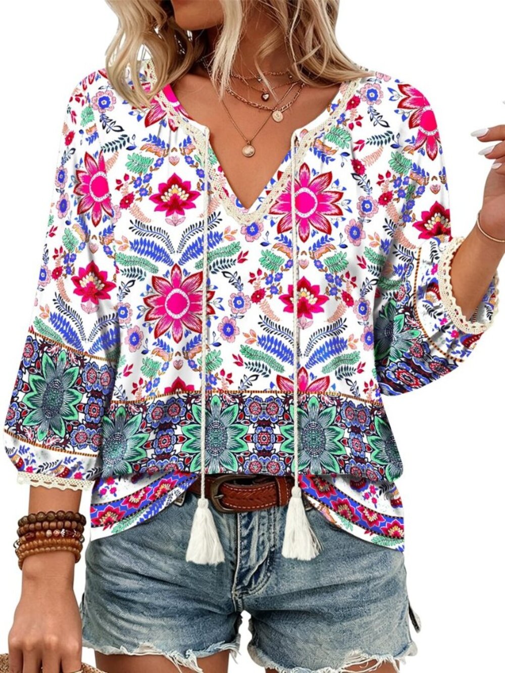 Womens Cotton Boho Tops 3/4 Length Sleeve Blouses Trendy Casual Floral V Neck